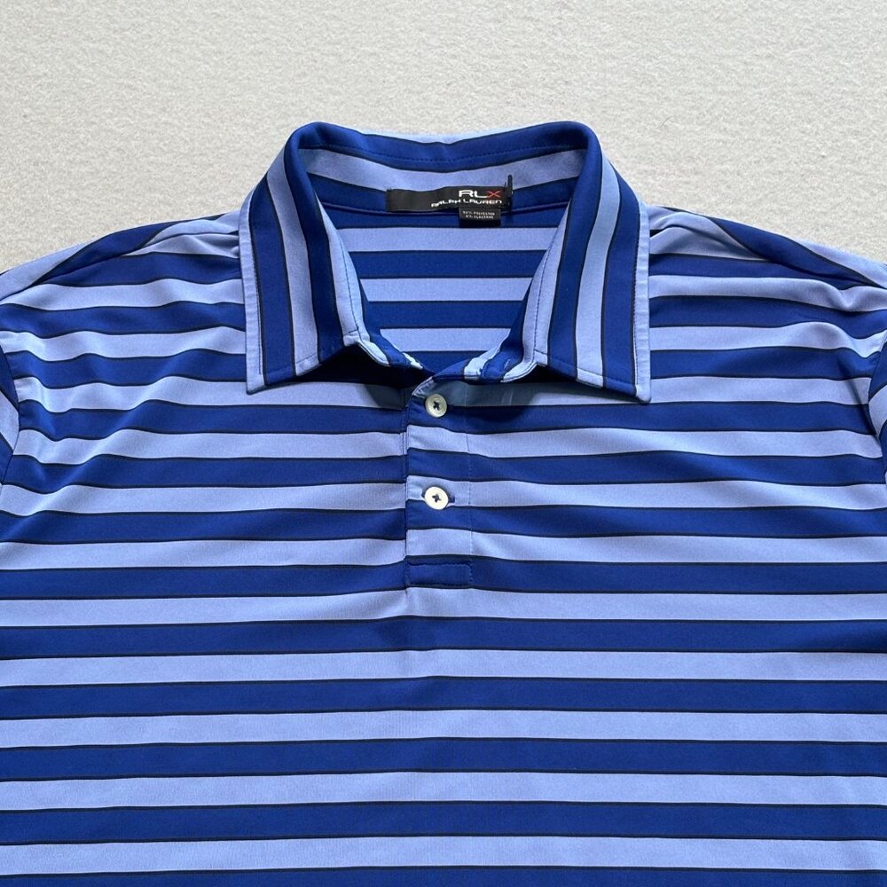 RLX Ralph Lauren Polo Shirt Mens Size XL Royal/Lt Blue Striped Golf Performance